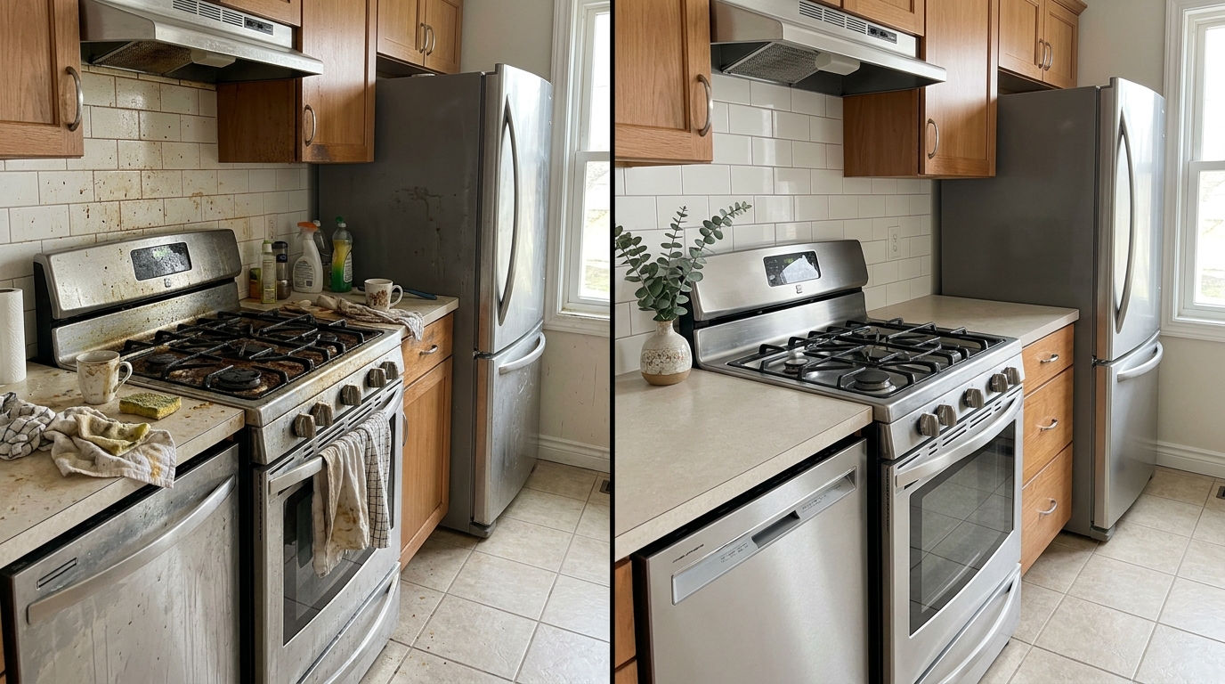 Good example: kitchen cleaning before and after taken from the exact same angle