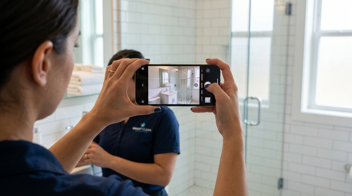 Proper phone technique for photographing completed work — phone held at chest height with grid overlay visible